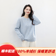鄂爾多斯市產(chǎn)羊絨衫純色寬松絞花圓領(lǐng)套頭針織衫2025冬季女士保暖 天藍(lán)色 XL
