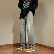 POUM潑墨牛仔褲子男春秋夏季新款毛邊高街美式寬松直筒顯瘦水洗長(zhǎng)褲潮 TCFS-780藍(lán)色 【注：每條牛仔褲的涂鴉位置都不一樣哦】