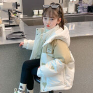 女童羽絨棉服2024新款洋氣冬季中大兒童加厚拼色外套女孩棉襖棉衣 米白色 160  （建議1米55身高穿）