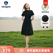 Navigare意大利小帆船短袖連衣裙女士夏季棉質(zhì)斜領(lǐng)裙子時(shí)尚顯瘦半袖a字裙 暗夜黑 S 碼