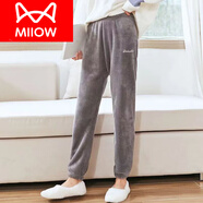 貓人（MiiOW）珊瑚絨睡褲女長(zhǎng)褲秋冬季情侶法蘭絨加厚保暖收口家居褲外穿暖暖褲 貓咪灰【300克加厚升級(jí)】 暖暖睡 2XL 小碼(建議90-120斤)