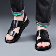 柯盾（KEDUN）男鞋戶(hù)外夏季新款涼拖男真皮兩用男士休閑沙灘鞋透氣軟底涼鞋男 黑色 38