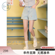 紫涵（ZIHAN）紫涵做舊卷邊刺繡牛仔短褲女2025年夏季新款松緊高腰藍色休閑熱褲 牛仔藍 XS