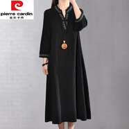 皮爾卡丹（pierre cardin）意大利尾單女V領(lǐng)盤(pán)扣亞麻刺繡袍子棉麻連衣裙春 黑色(少量現貨) M 建議85-110斤