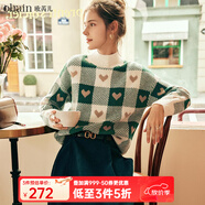 Olrain歐芮兒法式綠色毛衣女秋冬棋盤(pán)格提花半高領(lǐng)厚款針織衫女 綠色 M