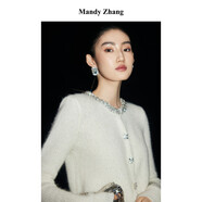 Mandy Zhang法式蘇力羊駝毛小香風(fēng)針織開衫外套女釘珠白色短款毛衣 雅致白 XS