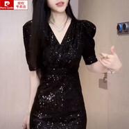 皮爾卡丹（pierre cardin）法式赫本風黑色亮片連衣裙女2025夏季設(shè)計感小眾收腰顯瘦包臀裙潮 J647-黑色亮片連衣裙 3XL【建議145-160斤】