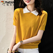 啄木鳥(niǎo)（TUCANO）娃娃領(lǐng)冰絲短袖T恤女2025年新款夏裝寬松da碼亮絲針織衫女上衣薄 橘黃色 S s 適合80-95斤