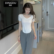 鼎度（DINGDU）心机露锁骨短袖t恤女夏2024面膜莫代尔垂感紧身设计感质感上衣ins 白色 S