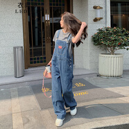 衣典零一（LEDIALYI）牛仔背帶褲女2024夏季女裝新款小個(gè)子學(xué)院減齡寬松闊腿褲連體長(zhǎng)褲 牛仔藍(lán) M（建議110-125斤）
