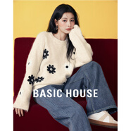 Basic House/百家好花朵刺繡套頭毛衣撞色圓領(lǐng)寬松上衣冬季保暖女 米杏 L