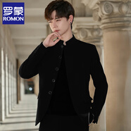 羅蒙（ROMON）新式西服套裝男潮流痞帥修身中華立領演出婚禮唐裝外套青年中山裝 黑色單西 XL (125-135斤)