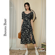 香蕉寶貝（BANANA BABY）2024夏季新款度假風(fēng)碎花連衣裙女一字肩v領(lǐng)印花中長裙D242LY944 黑花 S
