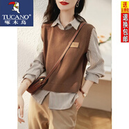啄木鳥高端輕奢襯衫女23年秋裝新款時尚女裝假兩件拼接襯衣女顯瘦長袖打 咖啡色 偏深 L 建議104-115斤