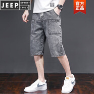 JEEP SPIRIT六口袋薄款大碼七分牛仔短褲男松緊腰2023夏季新款休閑褲半截中褲 七分褲435灰色 3XL建議(150-165斤