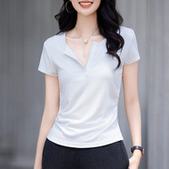 蜜莎蜜拉（Mirza Mirror）綠色V領(lǐng)短袖T恤女2025夏季新款收腰褶皺顯瘦正肩薄款半袖上衣體恤 白色 L