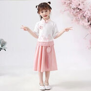 迪士尼兒童套裝夏季古裝漢服中國風(fēng)超仙襦裙女童寶寶短袖飄逸古風(fēng)裙子 粉紅色 薄款 滌綸透氣面料 110 (身高90-100cm)