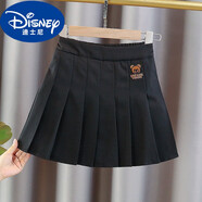 迪士尼（Disney）女童百褶裙半身裙秋冬呢子2024春秋新款洋氣格子中大童兒童短 黑色西裝面料小熊短裙 140cm