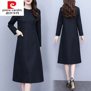 皮爾卡丹毛呢連衣裙女長(cháng)袖2026新款女呢子冬季大I碼長(cháng)裙 深灰格子 2XL