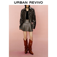 UR春季新款女裝潮流時髦百搭皮質(zhì)壓褶顯瘦A字半裙UWV540001 深咖棕 S