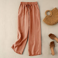 伊薇衣出口尾貨亞麻褲子棉麻女褲寬松顯瘦時(shí)尚休閑褲闊腿褲垂感高腰 桔色 M 【90-110斤】小個(gè)子