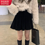 確彤高腰絲絨小個(gè)子復古百褶裙韓版遮肉顯瘦a字半身短裙通勤2025春秋 黑色絲絨半身裙 M