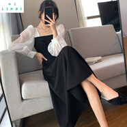 榮西圖（RONGXITU）長(cháng)袖黑色歐根紗炸街連衣裙女新款春夏拼接方領(lǐng)法式裙子復古網(wǎng)紗裙 黑白系撞色 L 110-120斤