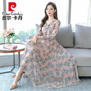 皮爾卡丹品牌高檔女裝 春秋季新款連衣裙洋氣2022女裝收腰顯瘦今年流行雪紡碎花裙子針織 粉紅色【裙子女夏/春裝年連衣裙/連衣裙設(shè)計感小眾/ XL【建議120-133斤】