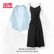 UKMR夏季套裝女2025新款大碼穿搭防曬雪紡襯衫上衣配吊帶連衣裙兩件套 藍色襯衫+黑色連衣裙【兩件套】 4XL 【建議180-200斤】