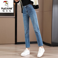 啄木鳥(niǎo)煙管褲直筒牛仔褲女九分高腰彈力秋冬加絨長(cháng)褲子新款百搭顯瘦寬松 八分煙管褲【復古藍】 M 【96-110斤】