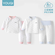 優(yōu)奇嬰兒衣服秋冬套裝寶寶保暖夾棉內(nèi)衣高腰護(hù)肚男女兒童2件套秋冬裝 2套【淺藍(lán)+淺紅】 59cm