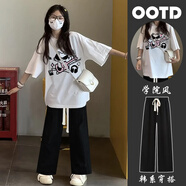DOGHC女大童春夏套裝12-15歲初中高中學(xué)生女裝寬松短袖T恤休閑闊腿褲潮 吉他貓#白色T恤+黑色闊腿褲【套裝】 薄款 155 (M) 【85-100斤】
