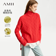 AMII2025冬極簡高領(lǐng)麻花毛衣女寬松精梳毛織套頭前短后長上裝 正紅 160/84A/M