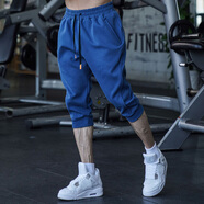 MECBEAR肌肉健身夏季運動(dòng)休閑七分褲 男士跑步訓練拼接彈力短束腳褲子 寶藍色 XL【建議140-160斤】