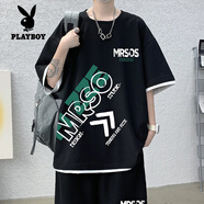 花花公子（PLAYBOY）假兩件短袖T恤男套裝2024夏季新款短褲潮流兩件套休閑家居服裝薄 TZ017上衣黑色 3XL