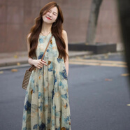 邦伊芙夏季復古藍色水墨連衣裙女感度假風(fēng)長(cháng)裙藍色牛仔外套搭配套裝 連衣裙 【單件】 S 建議85-95斤