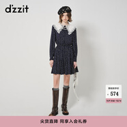 DZZIT地素波點(diǎn)長(zhǎng)袖連衣裙春秋新款法式蕾絲娃娃領(lǐng)設(shè)計(jì)感小眾 深藍(lán)色 M