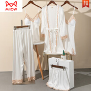 貓人（MiiOW）白色睡衣女夏薄款冰仿真絲五件套裝性感絲滑綢緞春秋蕾絲睡裙睡袍 金邊五件裝白色 XXL(130-145斤)