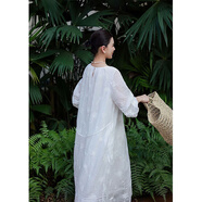 小橡木輕奢風(fēng)女裝100支苧麻寬松重工水溶刺繡仙氣飄逸清涼連衣裙 白色 S