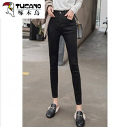 啄木鳥(niǎo)（TUCANO）加絨加厚保暖棉褲女士冬季高腰牛仔褲女冬季彈力緊身顯瘦帶絨長(cháng)褲 不加絨黑色 31(2尺4)130-140斤