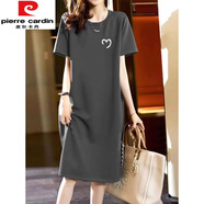皮爾卡丹（pierre cardin）2025純棉短袖長(zhǎng)裙寬松休閑過(guò)膝t恤裙簡(jiǎn)約中長(zhǎng)款連衣裙女顯瘦夏季 灰色【半個(gè)愛(ài)心】 2XL 140-160斤