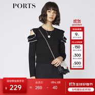 PORTS寶姿 新品女裝優(yōu)雅露肩荷葉邊毛針織衫SA9K435GZF015 黑色 L