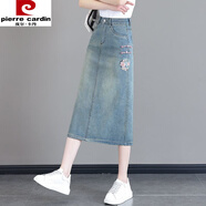 皮爾卡丹（pierre cardin）國風(fēng)刺繡牛仔半身裙女2025夏季新款高腰包臀裙盤扣后開叉a字裙潮 藍色 M