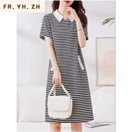FR.YH.ZH歐麥優(yōu)雅條紋連衣裙女2024夏季中長裙子菲維短袖全身裙 條紋 L【建議101-115斤】