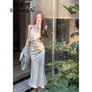 舒芳蝶（shufangdie）吊帶連衣裙女裝2025夏季新款綢緞面魚尾長(zhǎng)裙高級(jí)感中長(zhǎng)小禮服裙子 淺綠色 XL