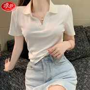 浪莎polo領(lǐng)衫短袖t恤女款夏季純欲風(fēng)白色半袖上衣短款修身打底衫