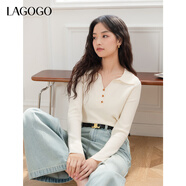 LAGOGO米白色溫柔百搭針織衫女拉谷谷2025年春季新款V領(lǐng)長(cháng)袖毛衣 米色 S
