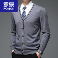 羅蒙（ROMON）秋季男士開襟開衫打底長袖中年針織衫男開衫爸爸裝薄款毛衫外套 中灰色夾條 沒口袋 185/2XL (合適180-200斤穿)