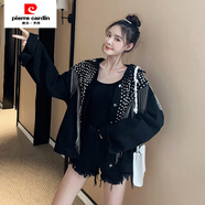 皮爾卡丹（pierre cardin）重工釘珠流蘇休閑外套女學(xué)生春秋新款韓版小個(gè)子純色工裝夾克上衣 黑色 S