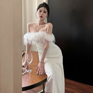 YIOU氣質(zhì)名媛性感顯瘦一字肩連衣裙女高級感宴會(huì )訂婚晚禮服長(cháng)裙3707 白色 S